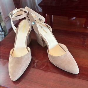Nine West Taupe Suede Pointed-Toe Block Heels with Ankle Strap